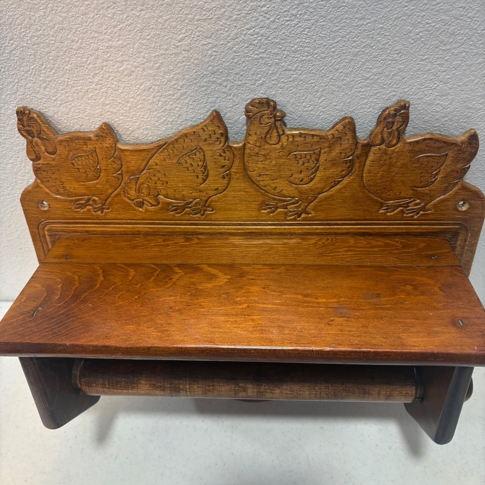 Vintage Carved Wood Chicken Hen Paper Towel Holder Wall Mount Shelf Farmhouse - Picture 3 of 13